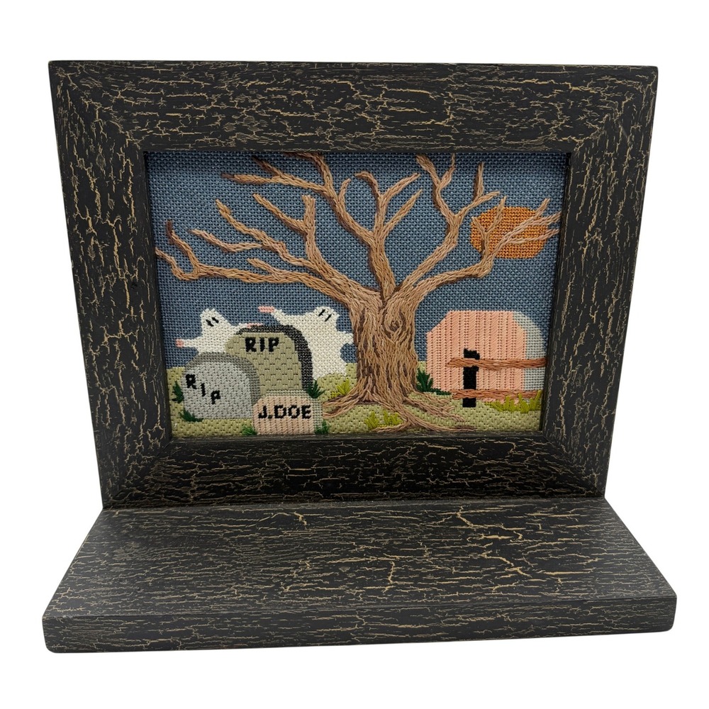 Halloween Needlepoint Framed Ghost Graveyard Spooky Shelf Sitter Handmade Art - Picture 1 of 13